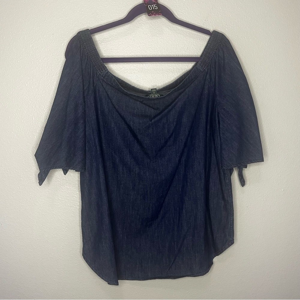 Lauren Ralph Lauren Denim Blouse Shirt XL Round Off The Shoulder‎ Cold Shoulder - Picture 4 of 6